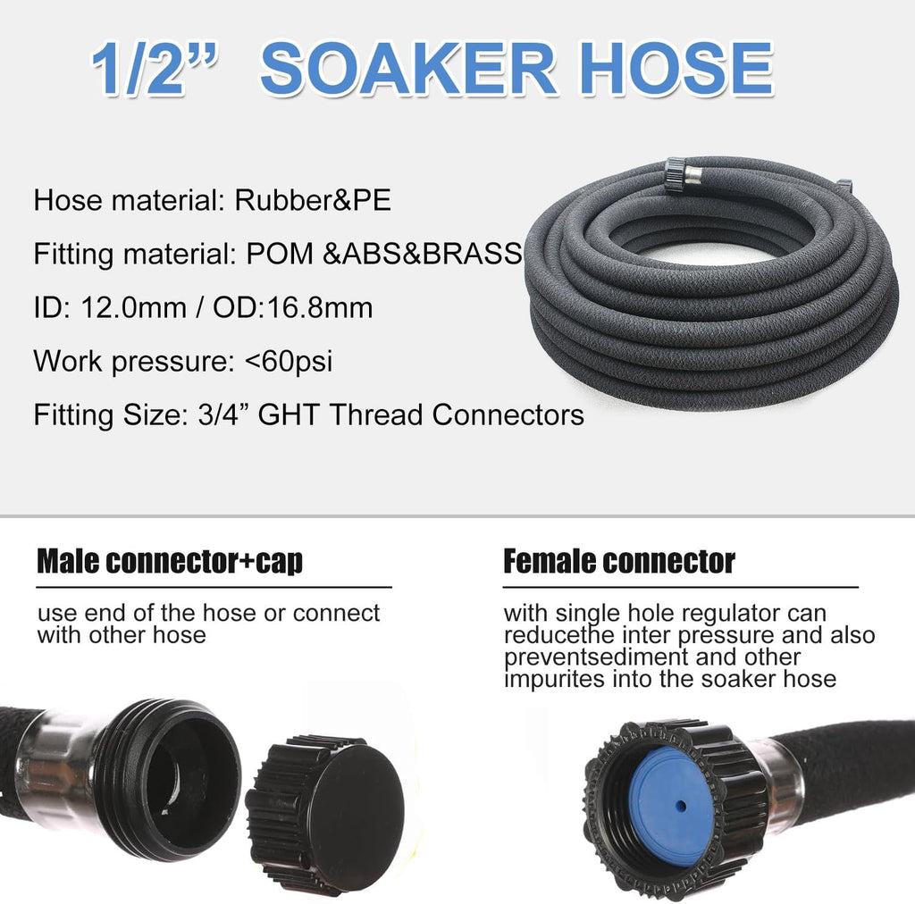 Taisia 1/2" Soaker Hose Kit 100 ft Round Rubber Garden Soaker Hoses, Heavy Duty Drip Hose for Watering Irrigation
