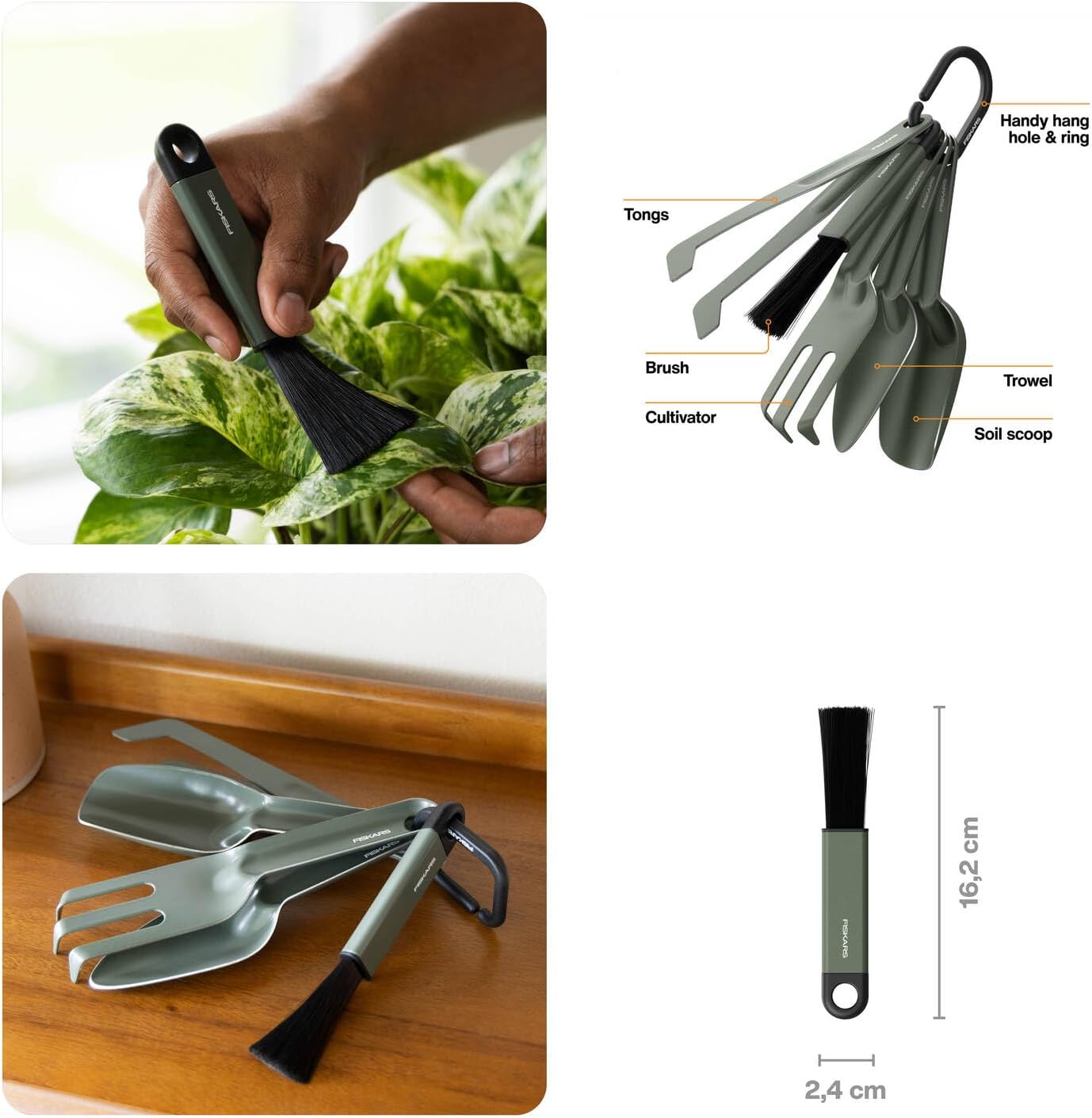 Fiskars Urban Plant Care Planting Tools Set, 5-Piece | All-in-One Kit for Indoor Plants, Space Saving Design, Stainless