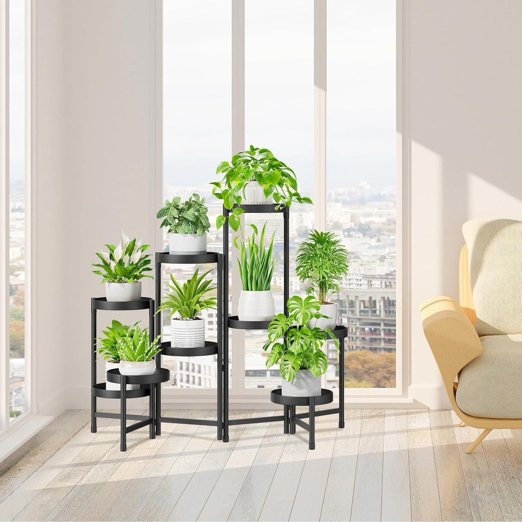 iDavosic.ly Plant Stand Indoor Outdoor, 9 Tier Metal Corner Shelf, Black | Tiered Flower Display Holder, Folding Multi