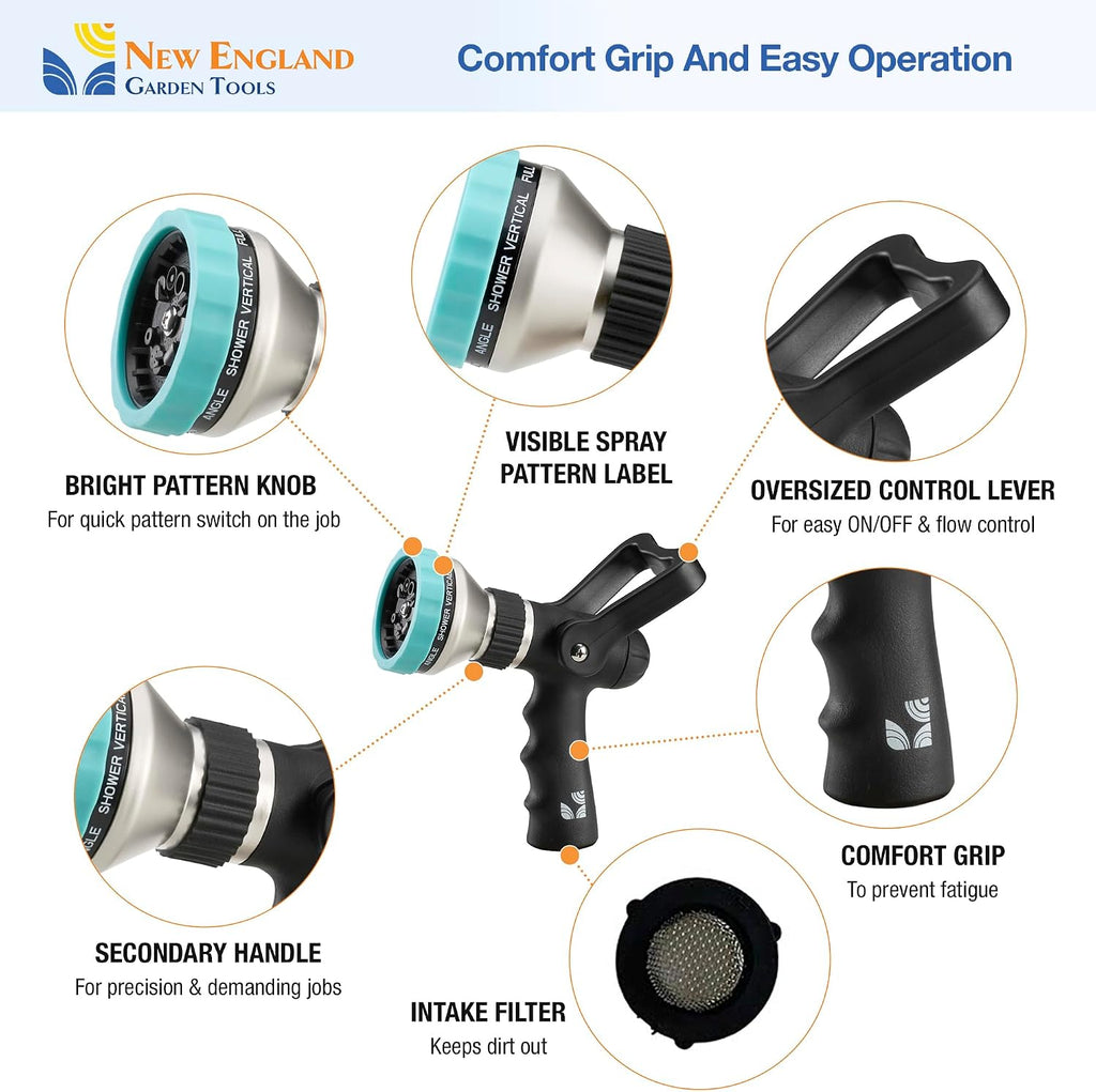 Heavy Duty Metal Fireman’s Hose Nozzle 500003, 10-Pattern Hose Sprayer with Lever Control & Comfort Grip, High Flow
