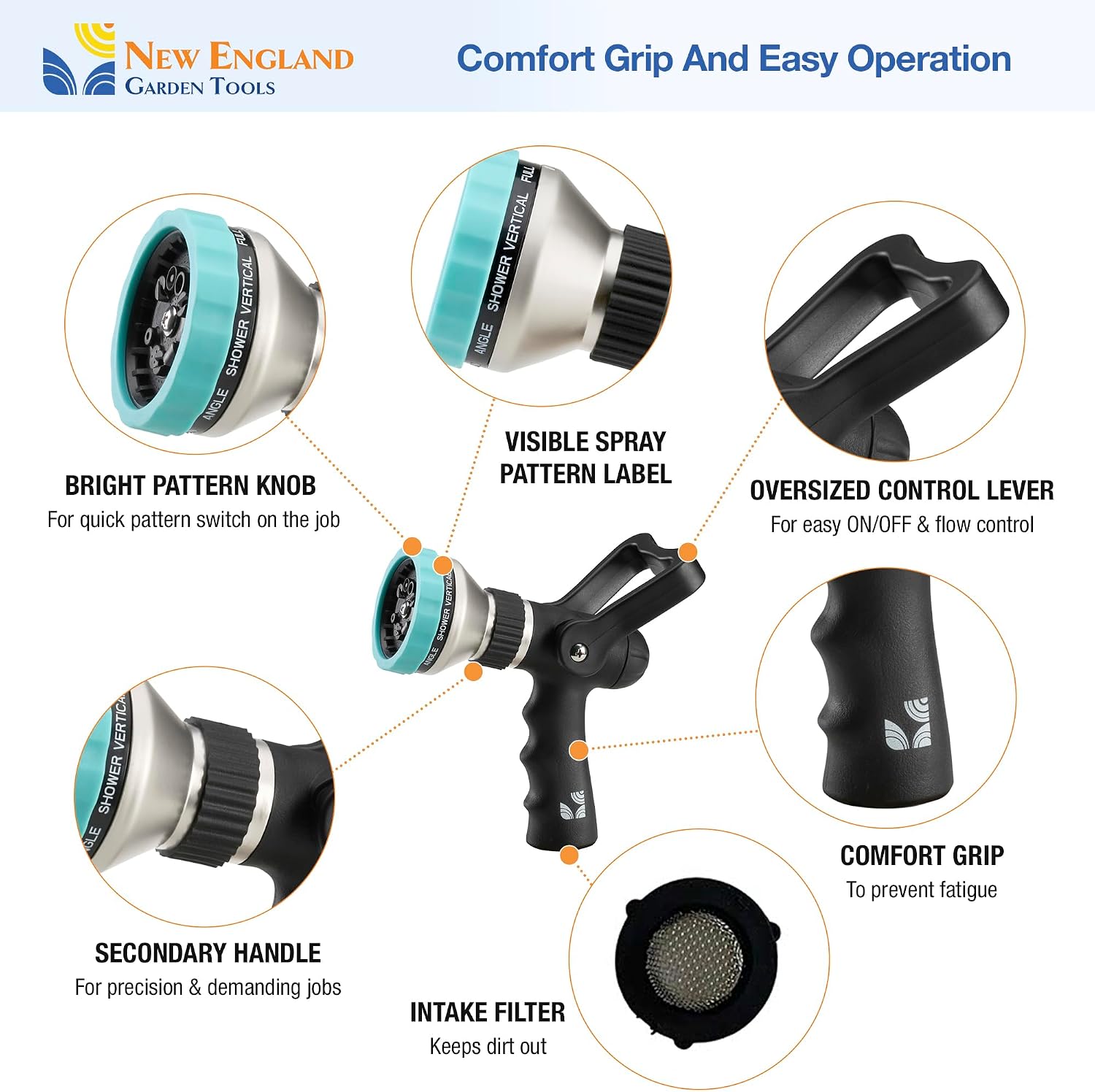 Heavy Duty Metal Fireman’s Hose Nozzle 500003, 10-Pattern Hose Sprayer with Lever Control & Comfort Grip, High Flow