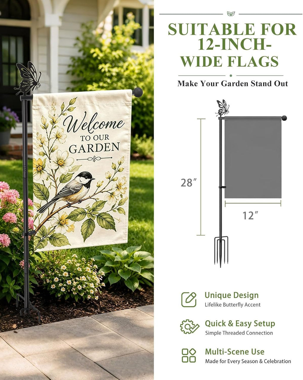 Garden Flag Holder for Outside, 5 Prong Base Small Flag Stand | Reinforced Threaded Connection, Heavy Duty Yard Flag