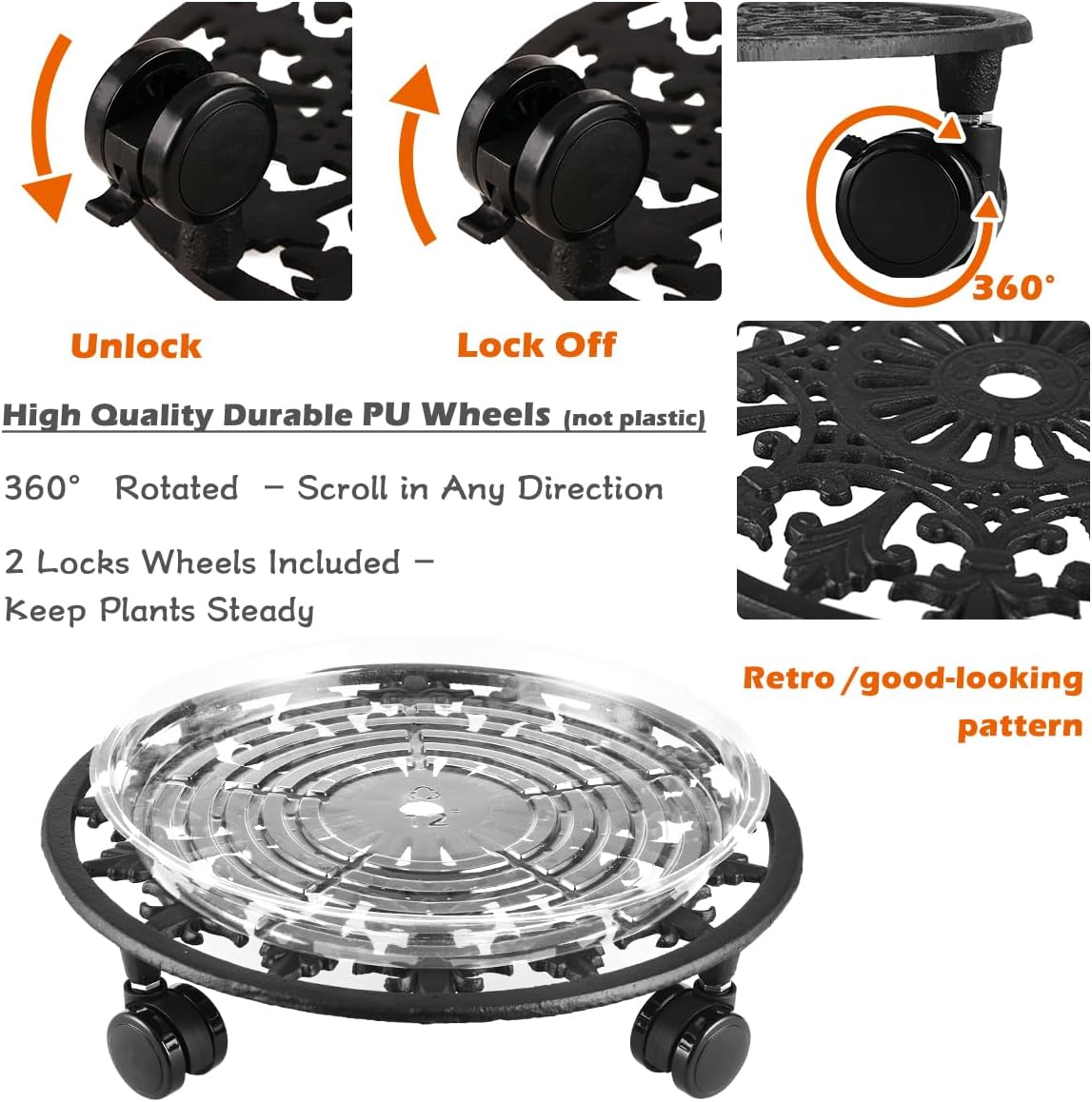 2 Pack Plant Caddy with Wheels, PlanterHoma 14 Inch Metal Plant Stand with Wheels Heavy Duty Wrought Iron Planter Dolly