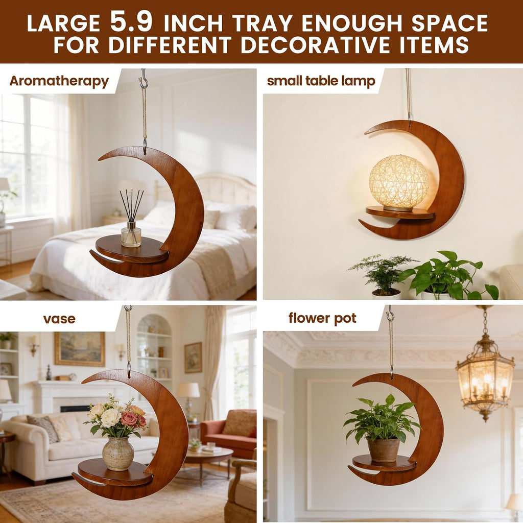 Moon - Shaped Wooden Hanging Plant Stand, Nordic Modern Window Plant Shelf | Space-Saving Indoor Flower Holder for