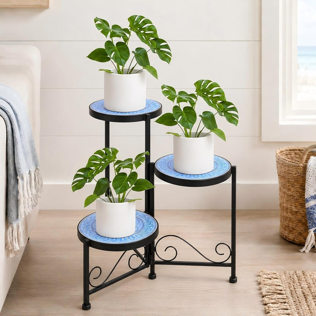 3 Tier Mosaic Ceramic Top Plant Stand, Foldable Flower Pot Holder | Wrought Iron No Assembly Required Space Saving