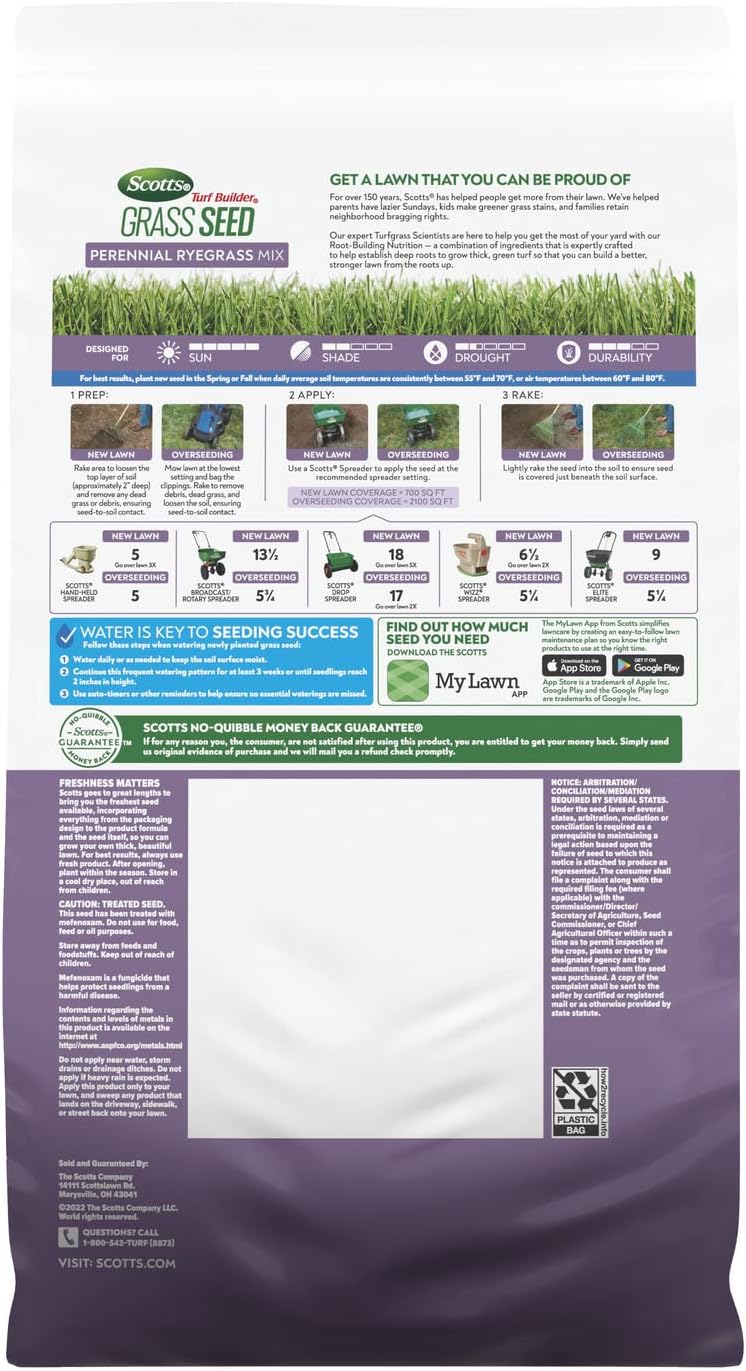 Scotts Turf Builder Grass Seed Perennial Ryegrass Mix, 5.6 lbs. | Combination Grass Seed, Lawn Fertilizer & Soil