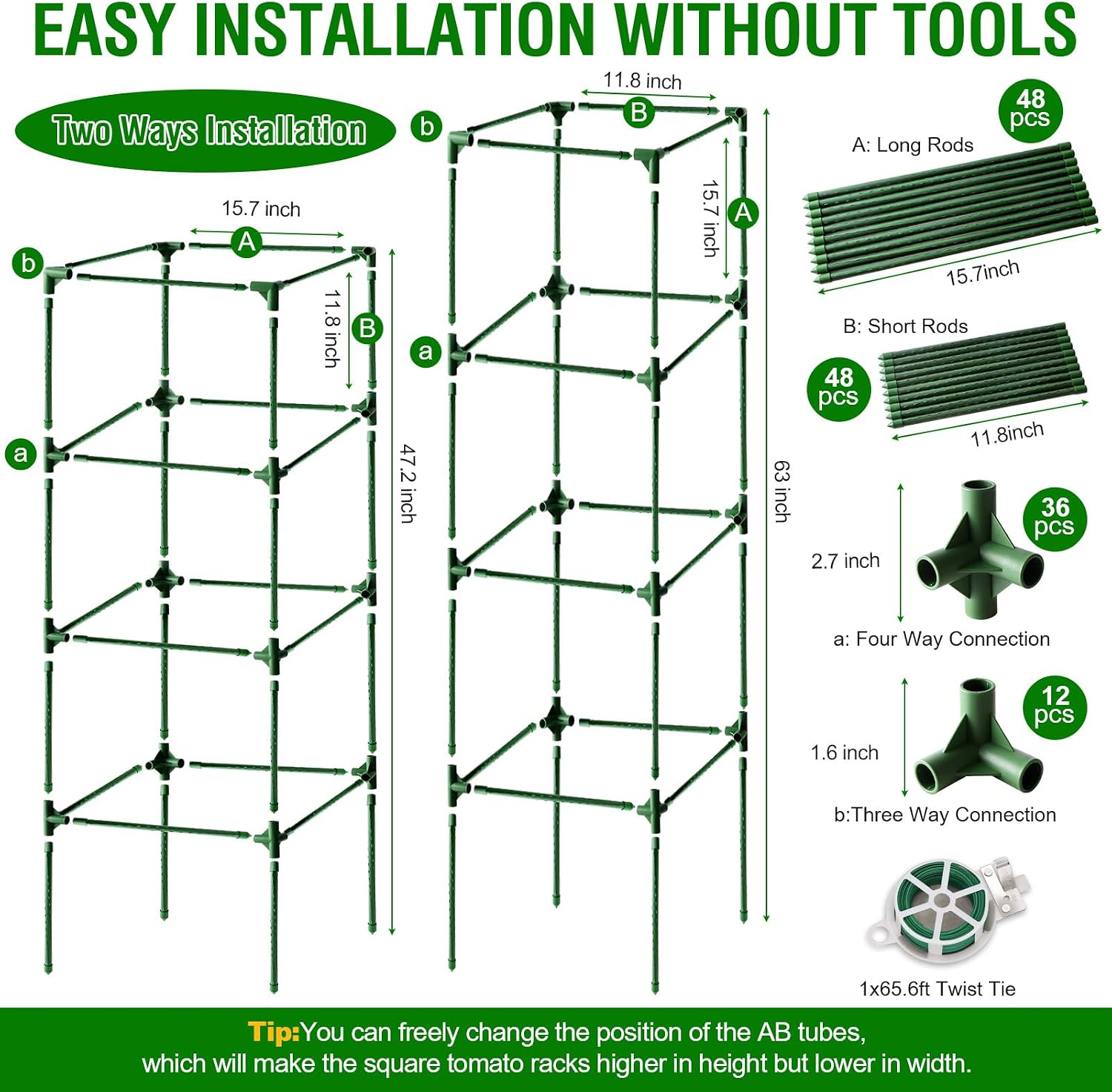 Fabulas Tomato Cage, Square Tomato Trellis Plant Support Stake Cages for Garden and Pots Tall Up to 63 Inch Adjustable