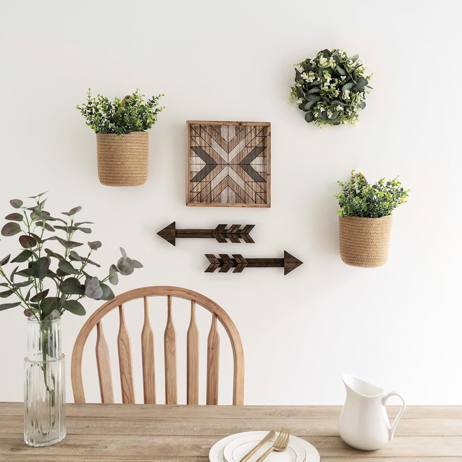 Dahey 2 Pack Woven Hanging Wall Basket 6.5"W×7"H with Artificial Eucalyptus | Easy Hanging Design, Jute Multi-Use
