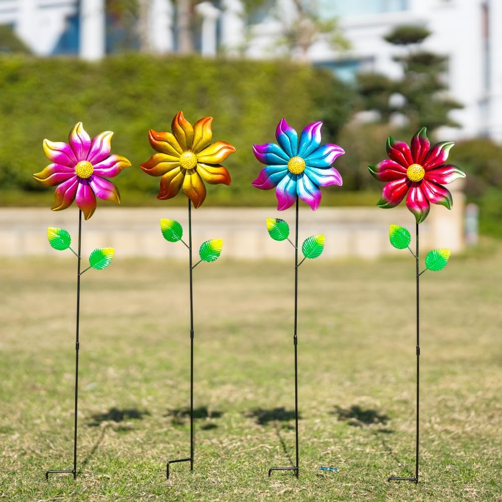 DREAMYSOUL 4 Packs Metal Flowers Wind Spinners Outdoor, Gradient Petals Metal Pinwheel for Yard and Garden Decor