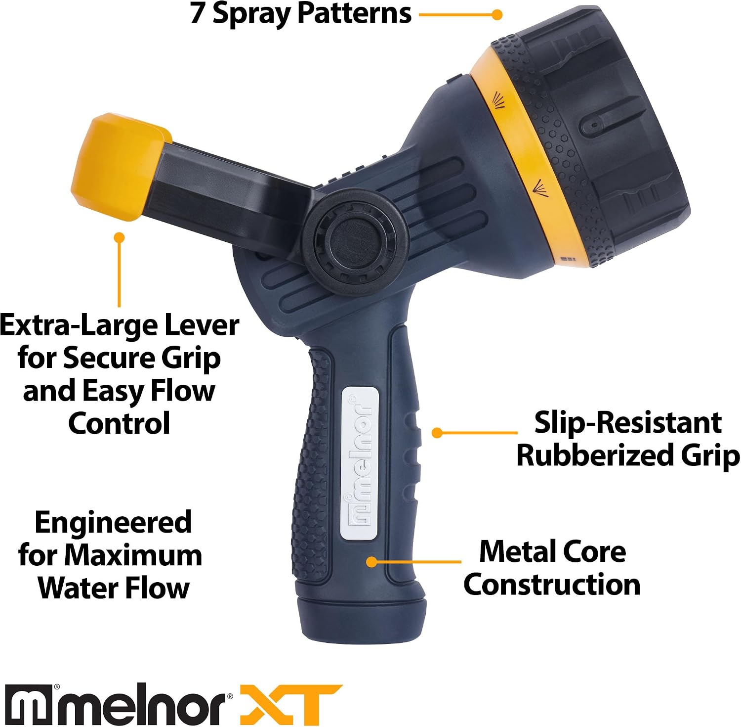 Melnor 65157AMZ Torrent 7-Pattern Hose Nozzle, High-Flow Spray with Metal Core and Flow Control Lever, Heavy-Duty Water