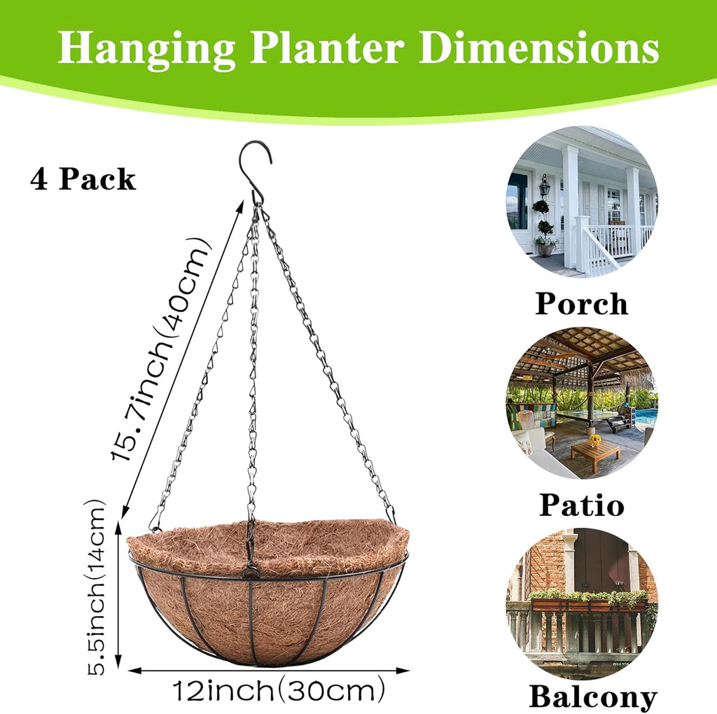 EIMQUVW 4 Pack Hanging Planter Basket Outdoor Large Hanging Flower Pots Indoor 12 inch with Coco Coir Liner Round Wire