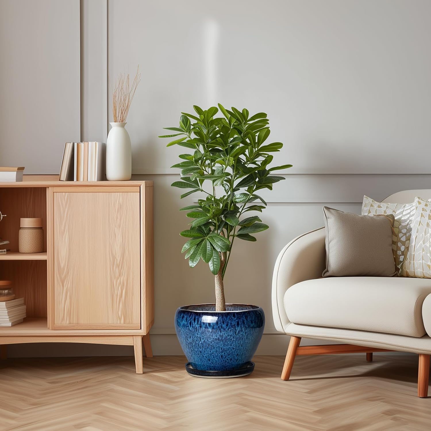 10 Inch Plant Pot, Ceramic Planter with Drainage and Saucer, Blue | Round Planters for Indoor Plants, Modern Planter