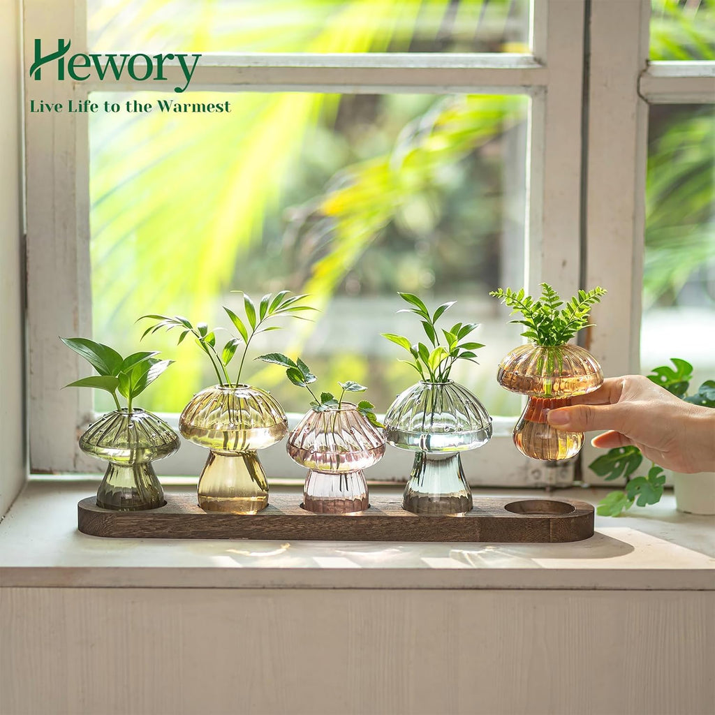 Hewory Plant Propagation Stations: 5PCS Amber Mushroom Vase with Wood Tray | Gifts for Plant Lovers, Mother