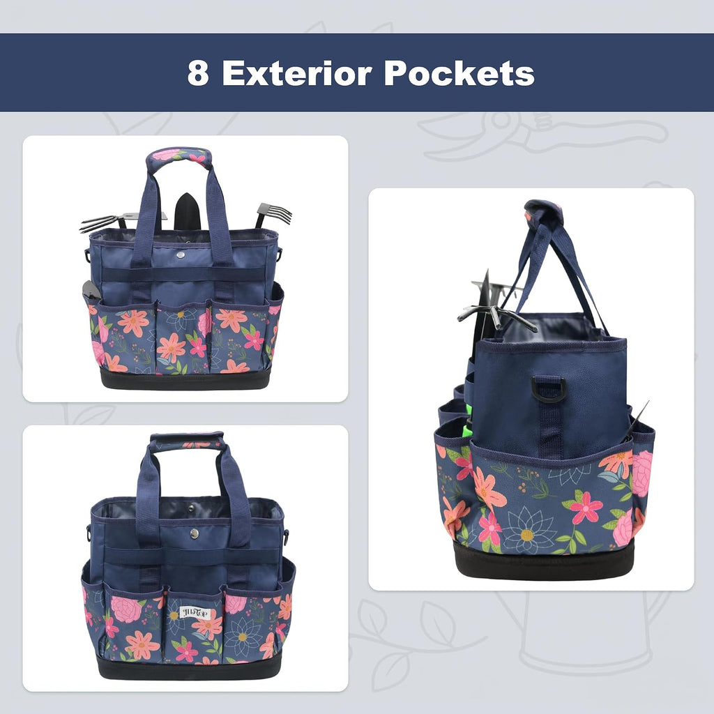 Hard Bottom Floral Garden Tool Tote Bag with Shoulder Strap | Gardening Tote Organizer with 8 pockets, Padded Handles