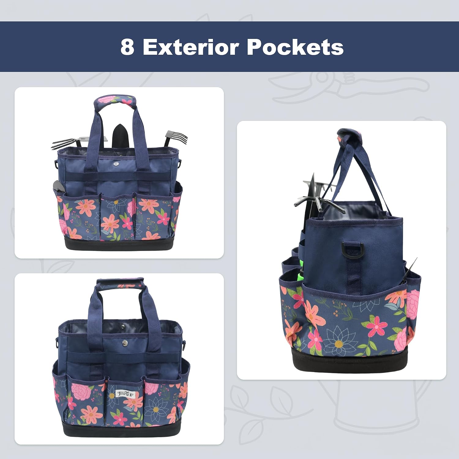 Hard Bottom Floral Garden Tool Tote Bag with Shoulder Strap | Gardening Tote Organizer with 8 pockets, Padded Handles