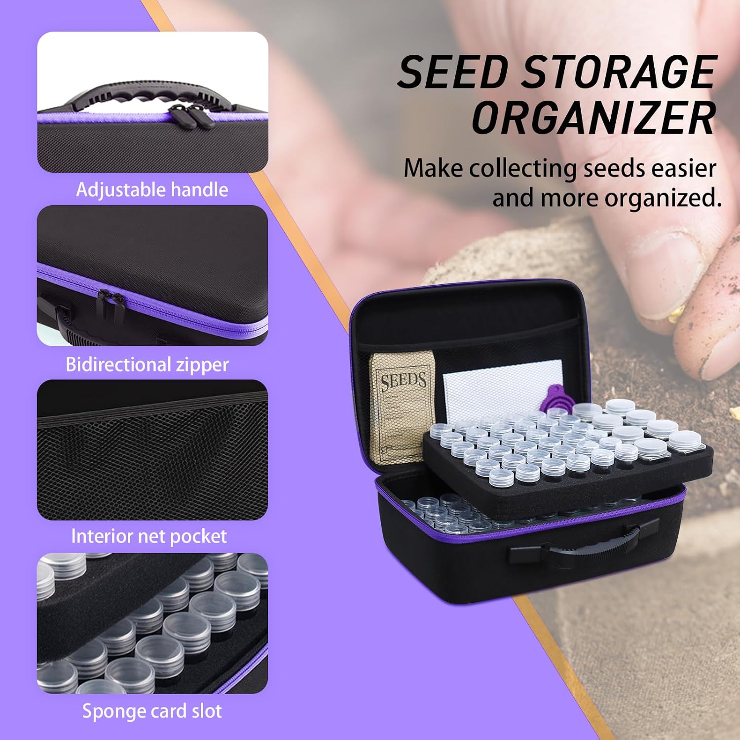 Seed Storage Organizer Box with 104 Bottles & Envelopes | Garden Seed Containers 1 oz 5 oz with Labels, Hard Shell Seed
