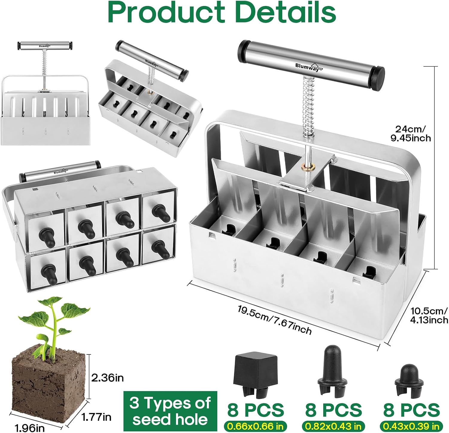 Soil Blocker, 8 Cell 2 inch Soil Block Maker for Seed Starting | 3 Sizes Seed Pins, Heavy Duty Manual Seed Blocker