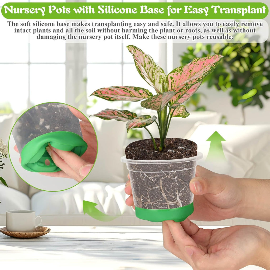 Caffox 51PCS Reusable Seed Starter Kit Includes 26 Packs 3 Sizes Clear Nursery Pots with Silicone Base, Repotting Mat