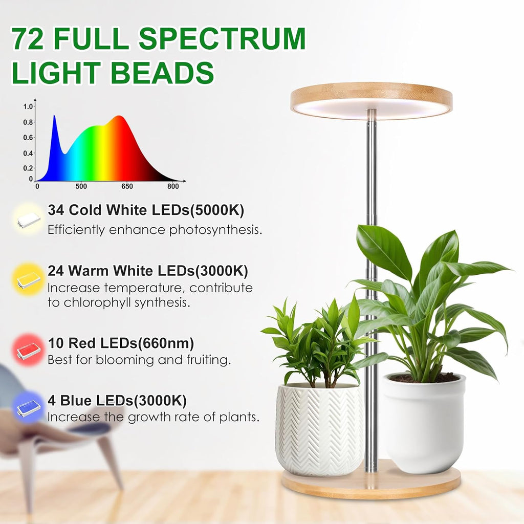 LORDEM Grow Lights for Indoor Plants with Base, Bamboo Design, Timer | 72 LEDs Full Spectrum Plant Lights, 4 Brightness