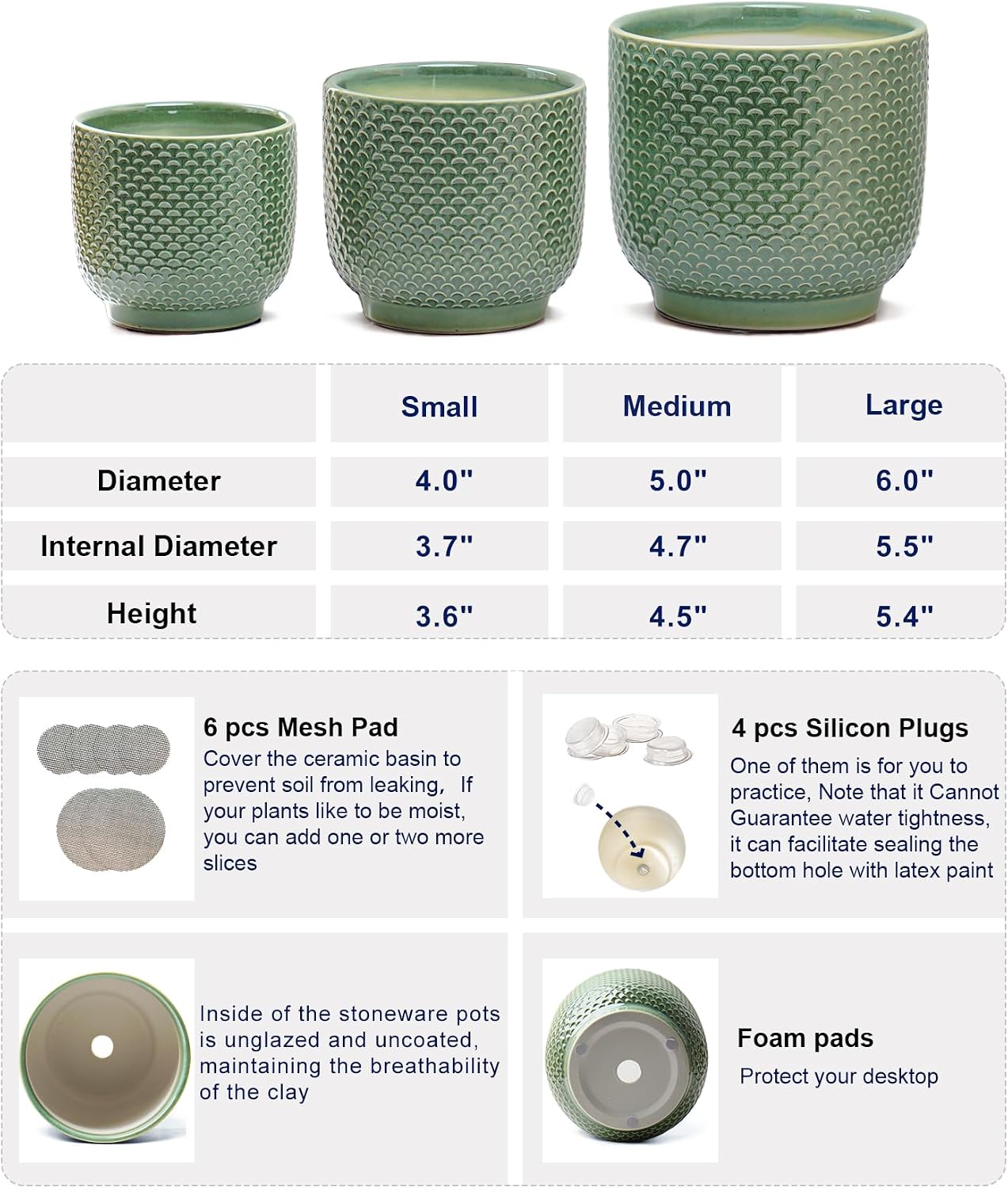 4 + 5 + 6 Inch Ceramic Pots for Indoor Plants, Succulents Plant Pots, Orchid Flower Pot with Drainage Hole, Modern Clay