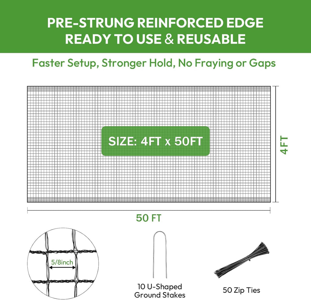 Deer Fence for Garden 4ftx50ft, Plastic Mesh Garden Fencing with Pre-Strung Reinforced Edge, Durable Temporary Fencing