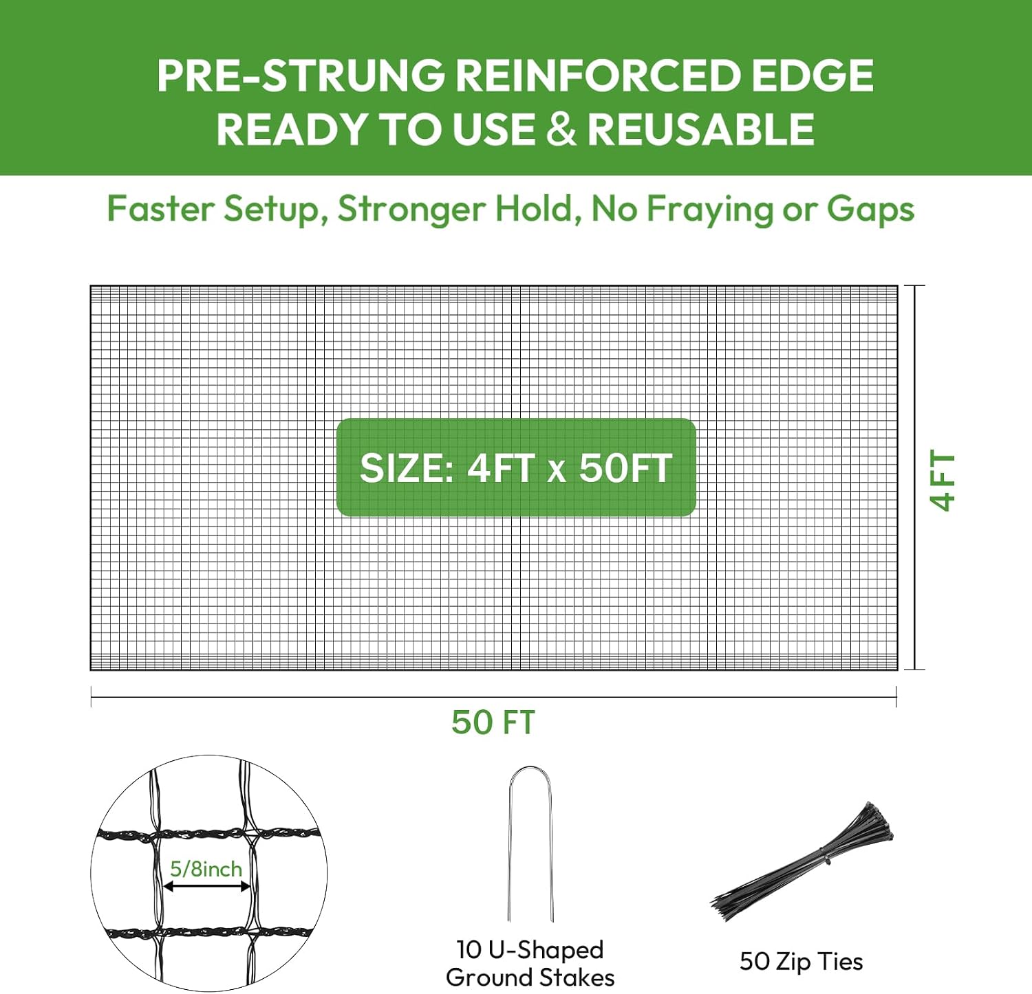 Deer Fence for Garden 4ftx50ft, Plastic Mesh Garden Fencing with Pre-Strung Reinforced Edge, Durable Temporary Fencing