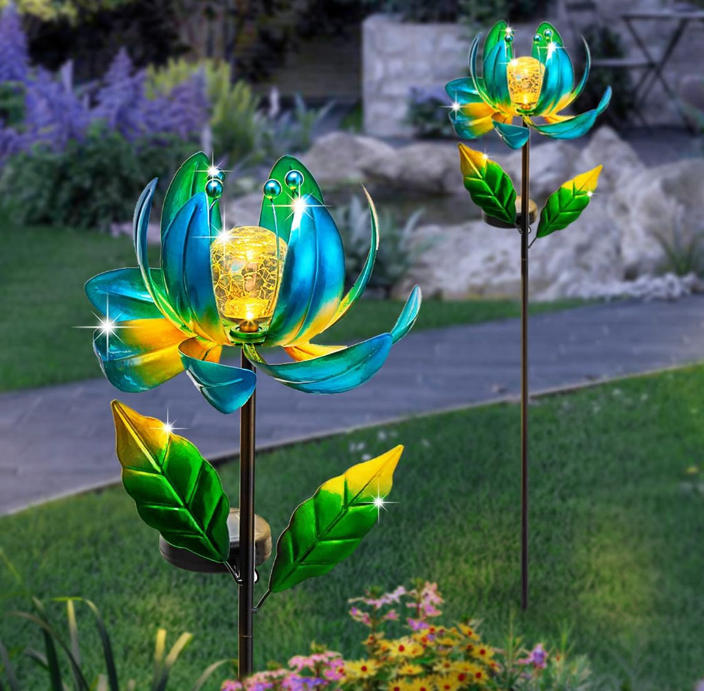 Solar Yard Lights Wind Spinners- Metal Lotus Flower Garden Decor LED Crackle Glass Globe Yard Art Sculpture Solar Stake