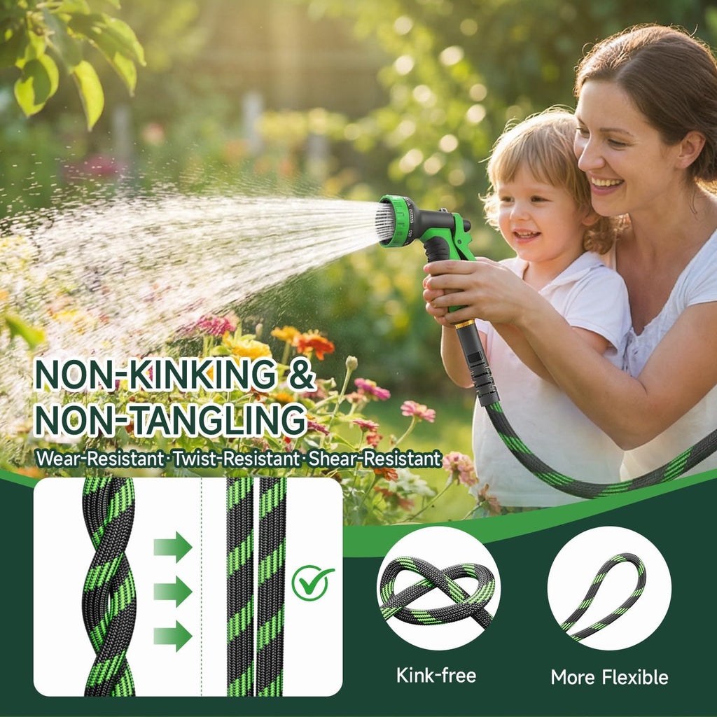 Non-Expandable Garden Hose 50 FT, Heavy-Duty & Flexible Water Hose with 10-Function Nozzle, Kink-Free & Leak-Proof
