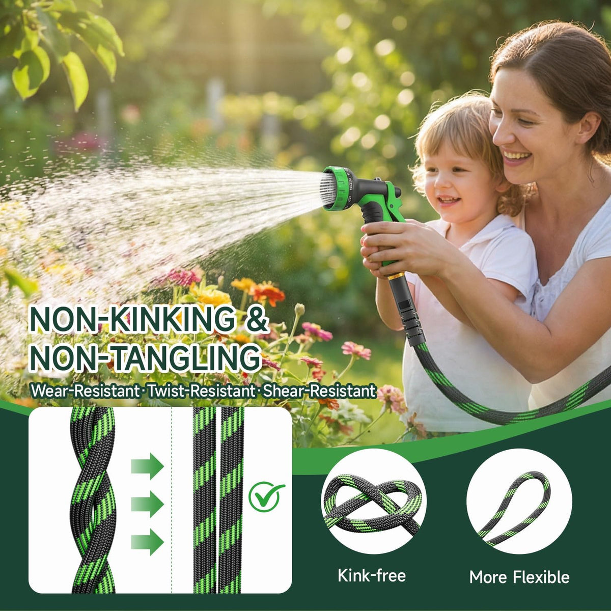 Non-Expandable Garden Hose 50 FT, Heavy-Duty & Flexible Water Hose with 10-Function Nozzle, Kink-Free & Leak-Proof