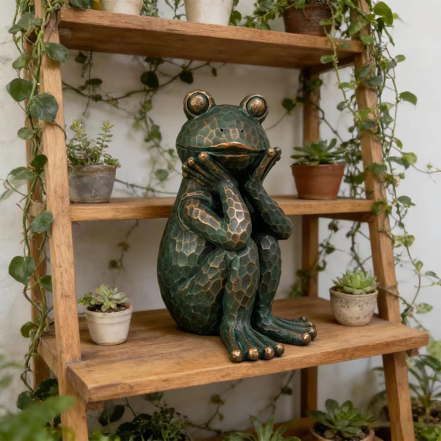 10" H Meditation Frog Lawn & Garden Statue, Verdigris Green | Handcrafted hand-painted details Weatherproof resin