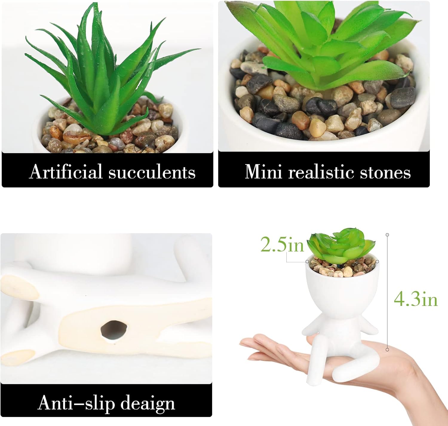 Set of 4 Artificial Succulents in Ceramic Pots, Cute Human Shaped Fake Plants for Shelves, Small Faux Plants for Office