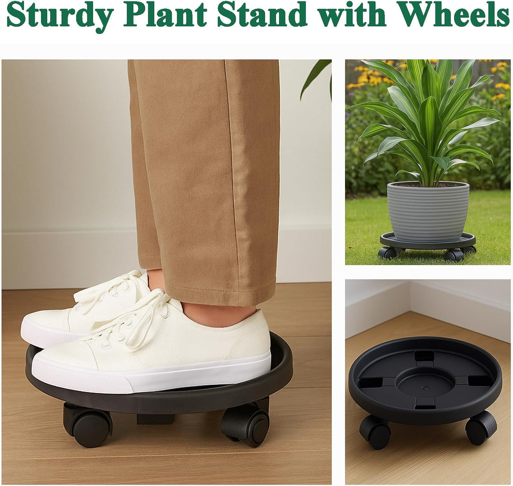 Rolling Plant Stand Outdoor 3 Pack 14 Inch Plant Caddy with Wheels, Black | Durable plant platform, smooth mobility for