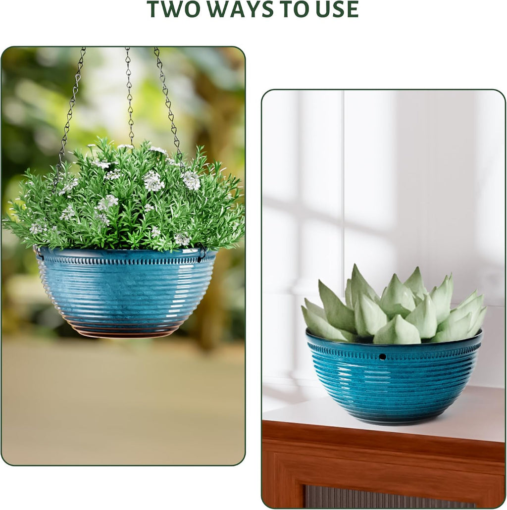 10 Inch Glazed Hanging Planters for Indoor Outdoor Plants, 2 Pack, Blue | hanging Baskets with Drainage Hole, Ceramic