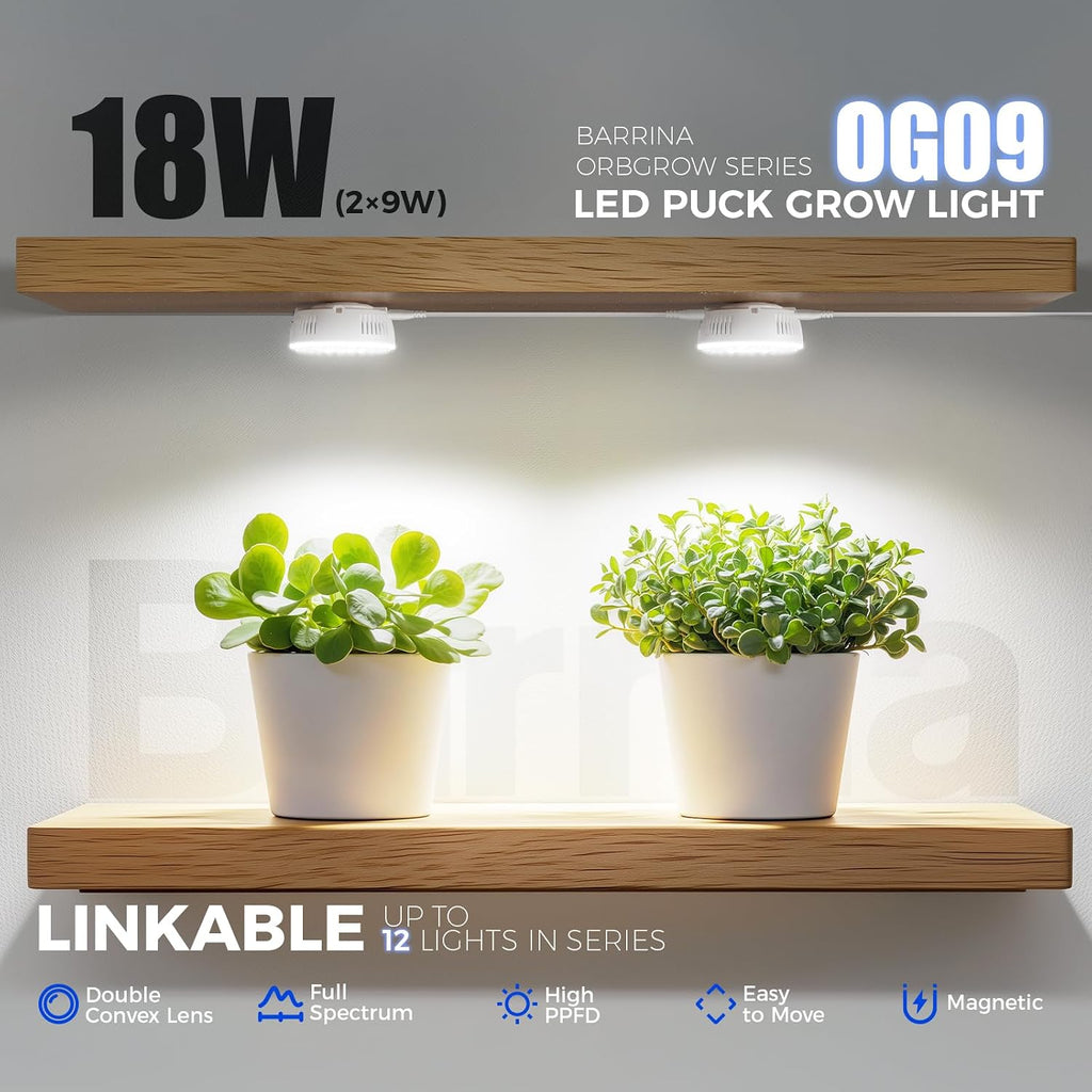 Barrina OG09 Puck Grow Light, 18W(2 x 9W), 5000K, Timer, 2 Packs, White | Full Spectrum Plant Light for Indoor Plants