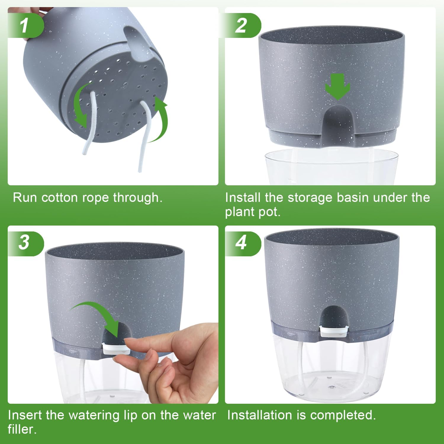 6" Self Watering Pots for Indoor Plants, 6pk Grey w/Drainage Saucers | w/ 1 Free Spray Bottle, Plastic Planters for