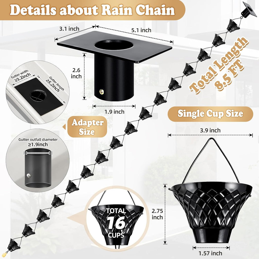 8.5 FT Black Rain Chain with Adapter for Gutters Downspouts Outside | 16 Cups, Large Opening to Avoid Splashing, Easy