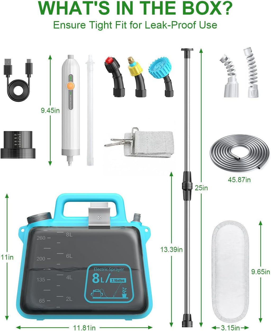 Battery Powered Garden Sprayer 2 Gallon, Electric Pump Sprayer with 3 Mist Nozzles, Rechargeable Handle, Telescopic