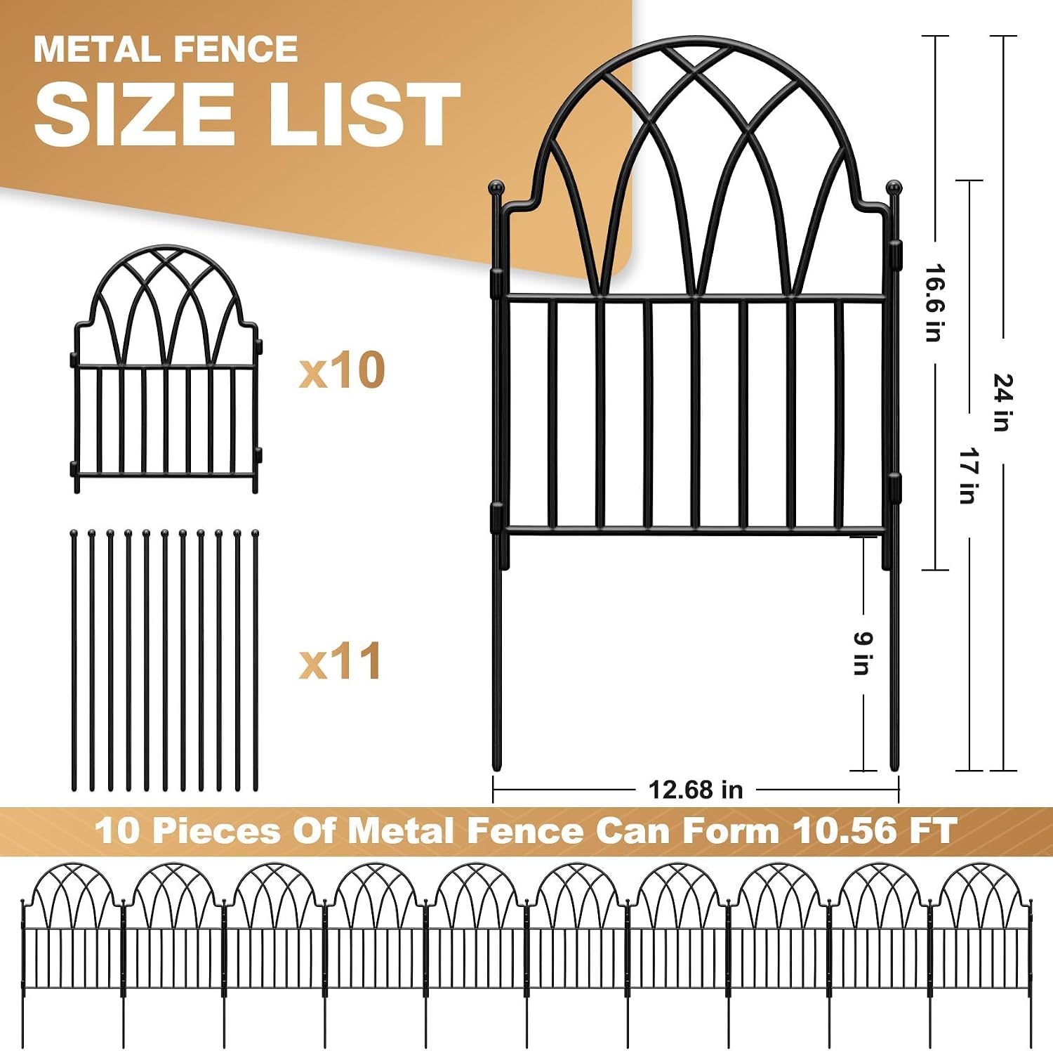 24in(H) x 10.56ft(L) Garden Fence - No Dig Metal Fence Animal Barrier Arched Wire Border Panels with Ground Stakes for