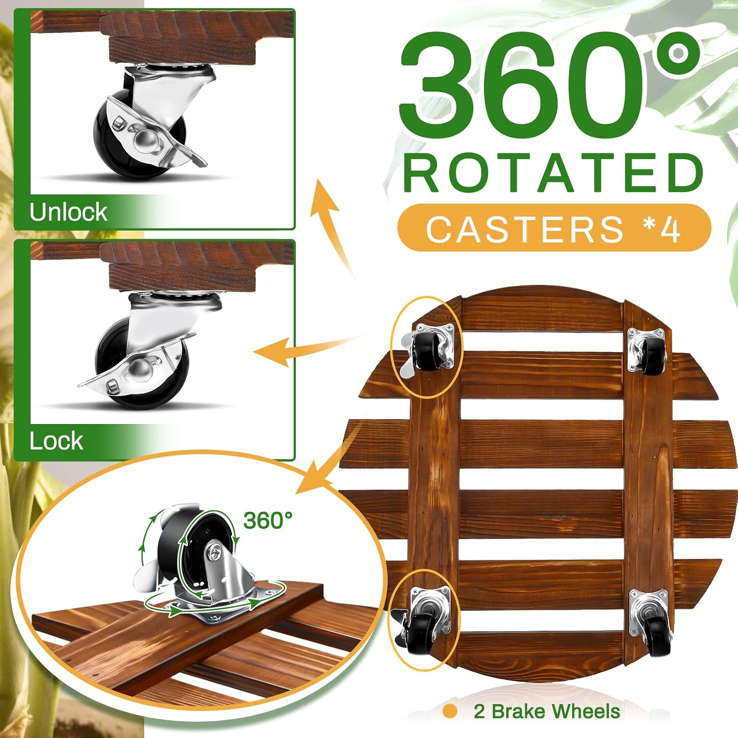 2 Pack 16 Inch Wooden Rolling Plant Caddy, 220 Lbs Lockable Wheels