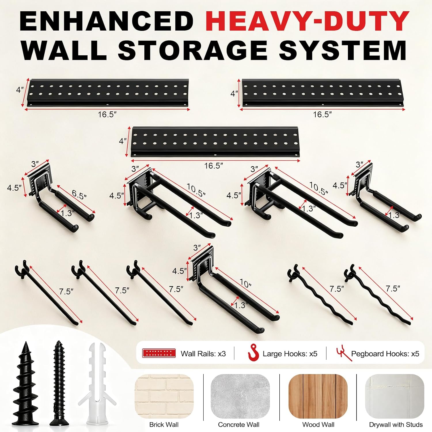 Garage Tool Organizer Wall Mount 49.5 inches with 10 Adjustable Heavy-Duty Hooks, Garage Organization, Garden Tool