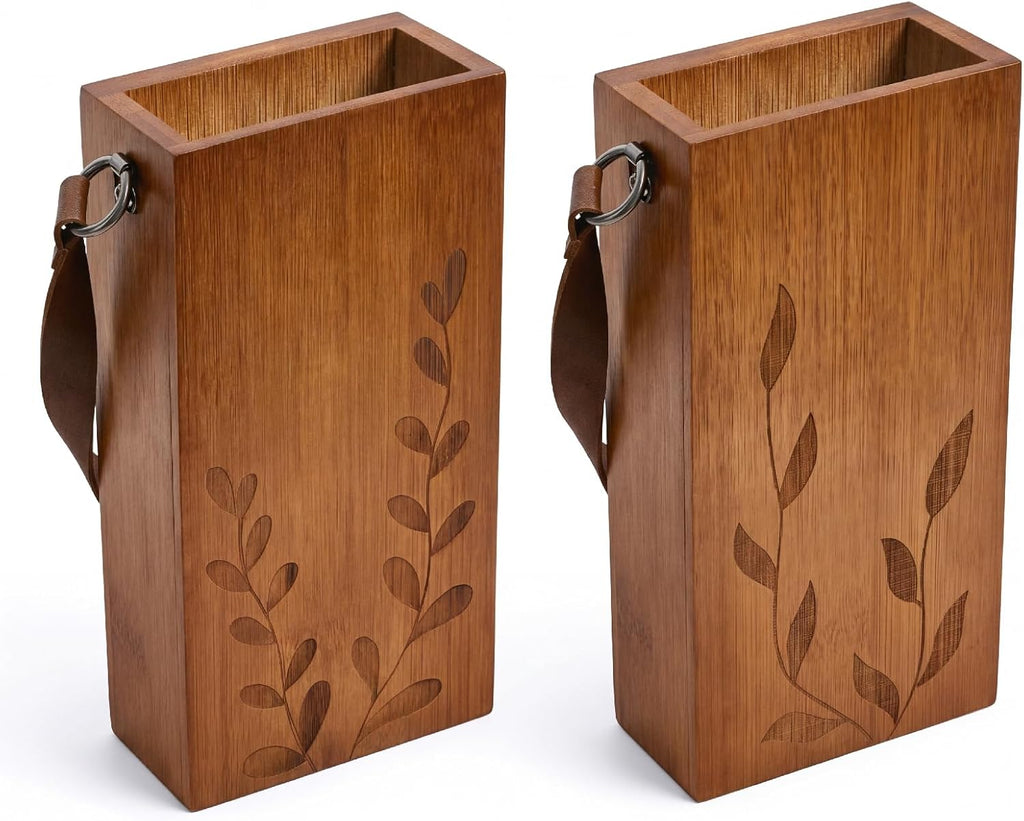 Set of 2 Bamboo Wall Planters Indoor Plants Brown Wood Wall Vase with Durable Leather Handle Boho Wall Decor Living