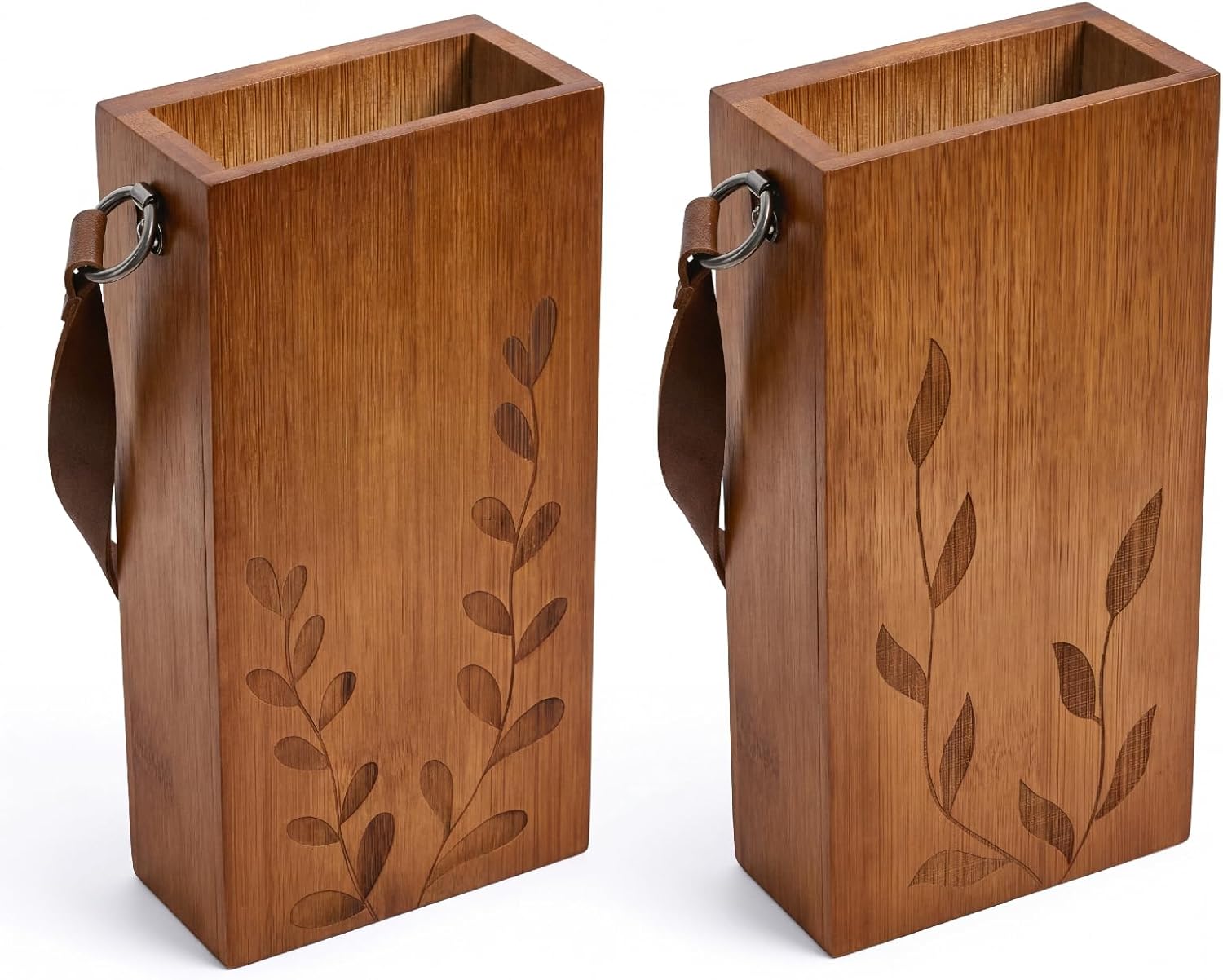 Set of 2 Bamboo Wall Planters Indoor Plants Brown Wood Wall Vase with Durable Leather Handle Boho Wall Decor Living