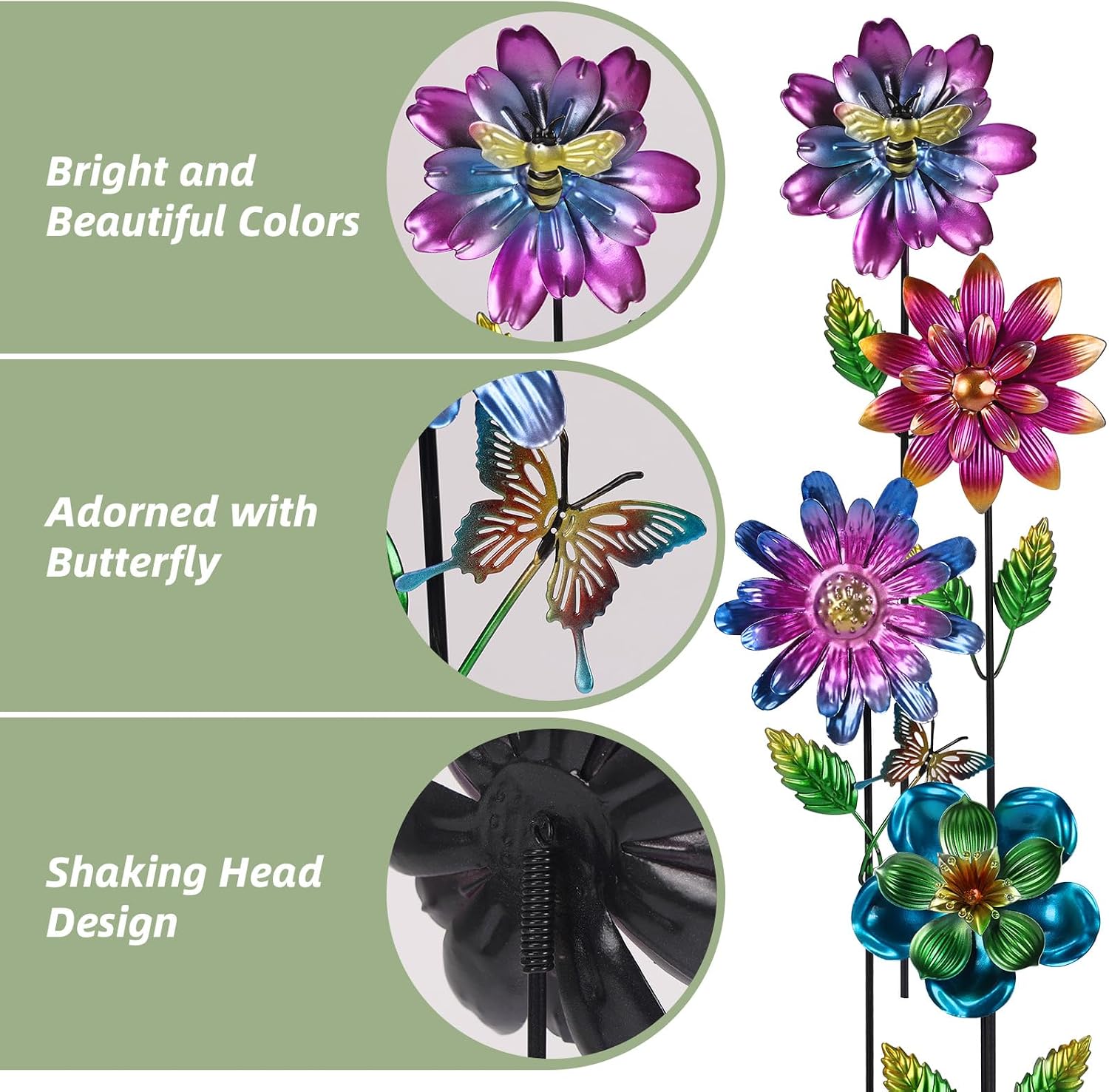 Calenzana Metal Flower Garden Stakes for Outside, 4 Pack Flower Garden Decor with Shaking Head for Yard Porch Lawn
