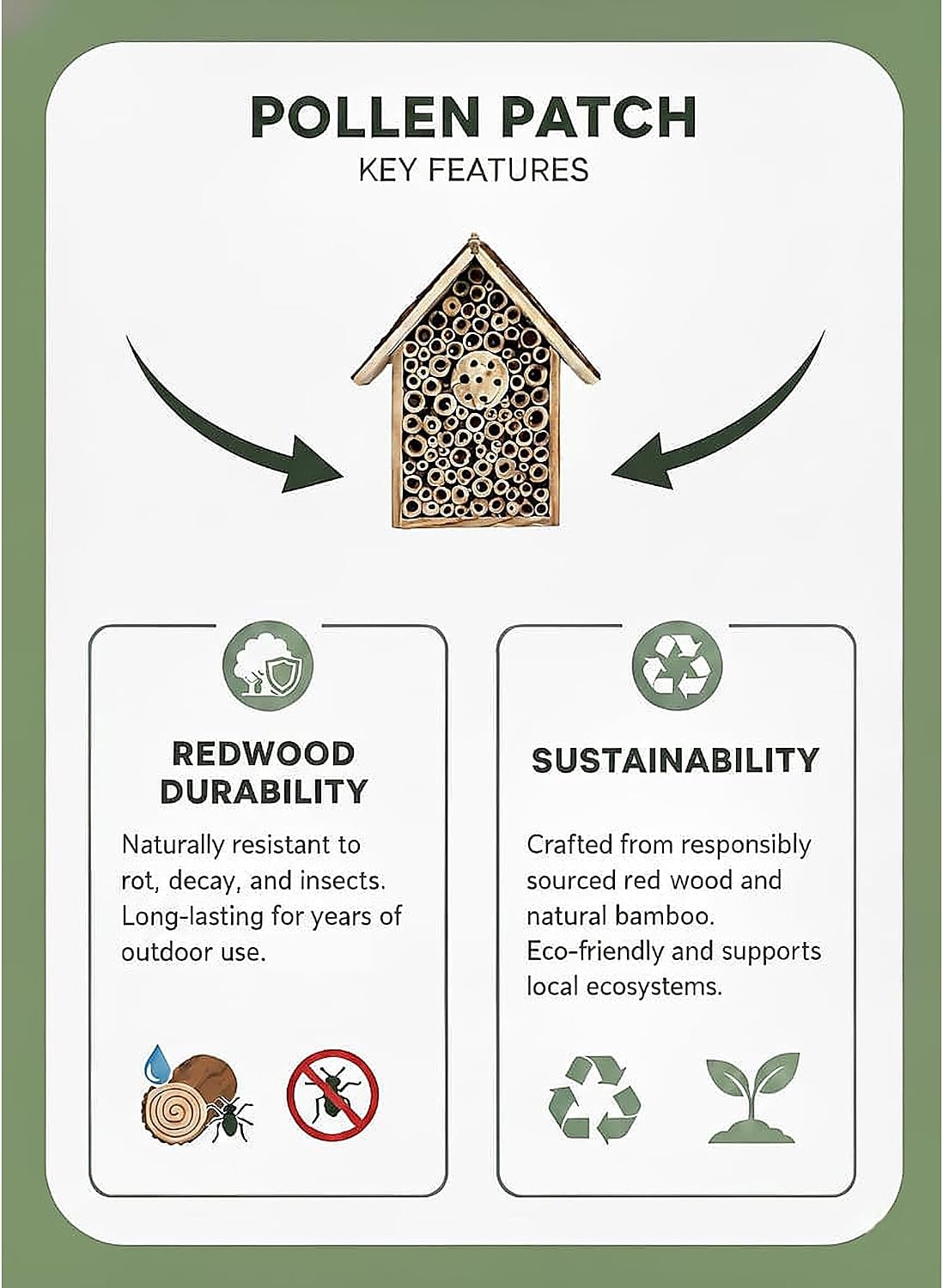 Redwood Mason Bee House - Solitary Bee Hotel & Wooden Pollinator House | Leafcutter Bee Hive with Easy-Hang Jute Rope
