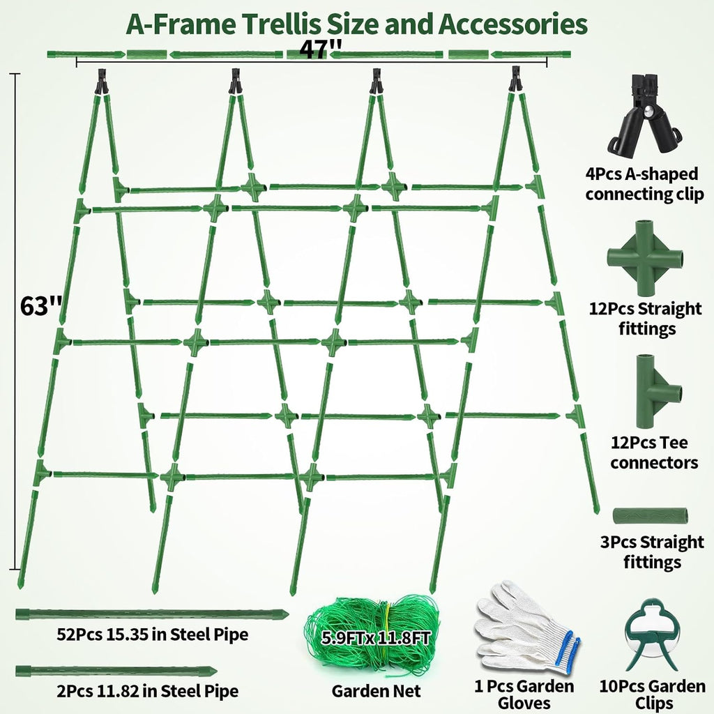 A-Frame Cucumber Trellis for Raised Bed - 63”H x 47”W, Heavy-Duty Detachable Garden Trellis with Netting & Clips