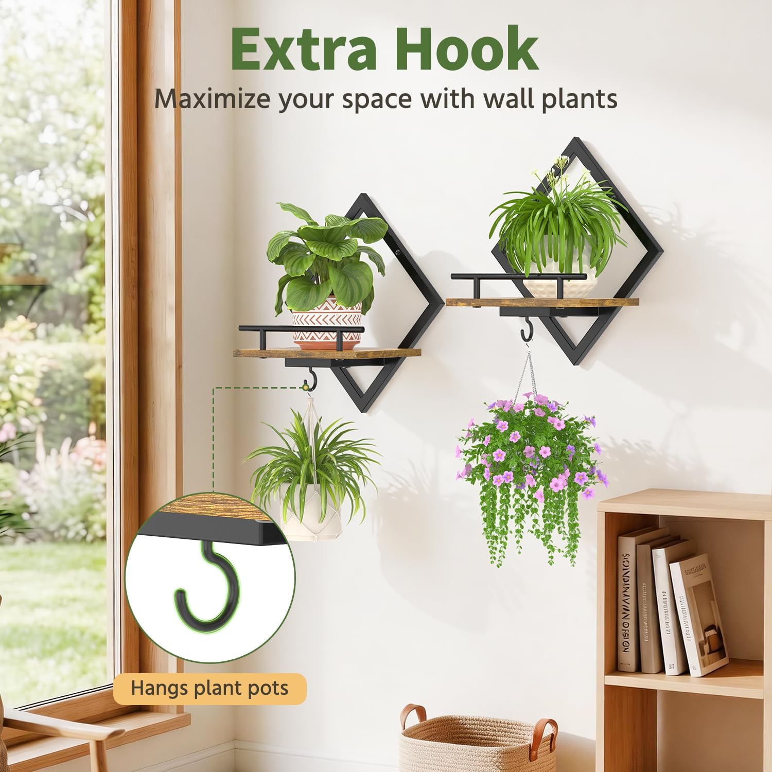 LASZOLA Plant Picture Frame Holder Shelf Wall Window Indoor, 2 Pcs Brown | Modern Floating Flower Hanger Wall Mounted