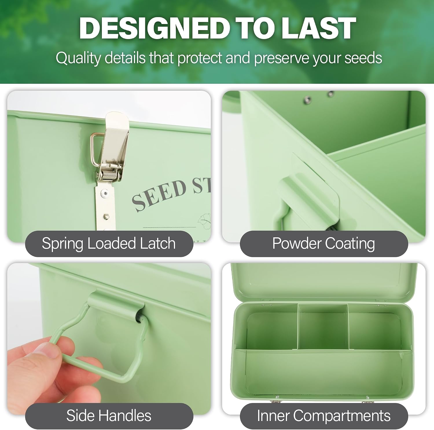 Seed Storage Box Organizer – Green Garden Seeds Tin with Lid, Side Handles, 4 Compartments & Safety Lock – Seed Packet