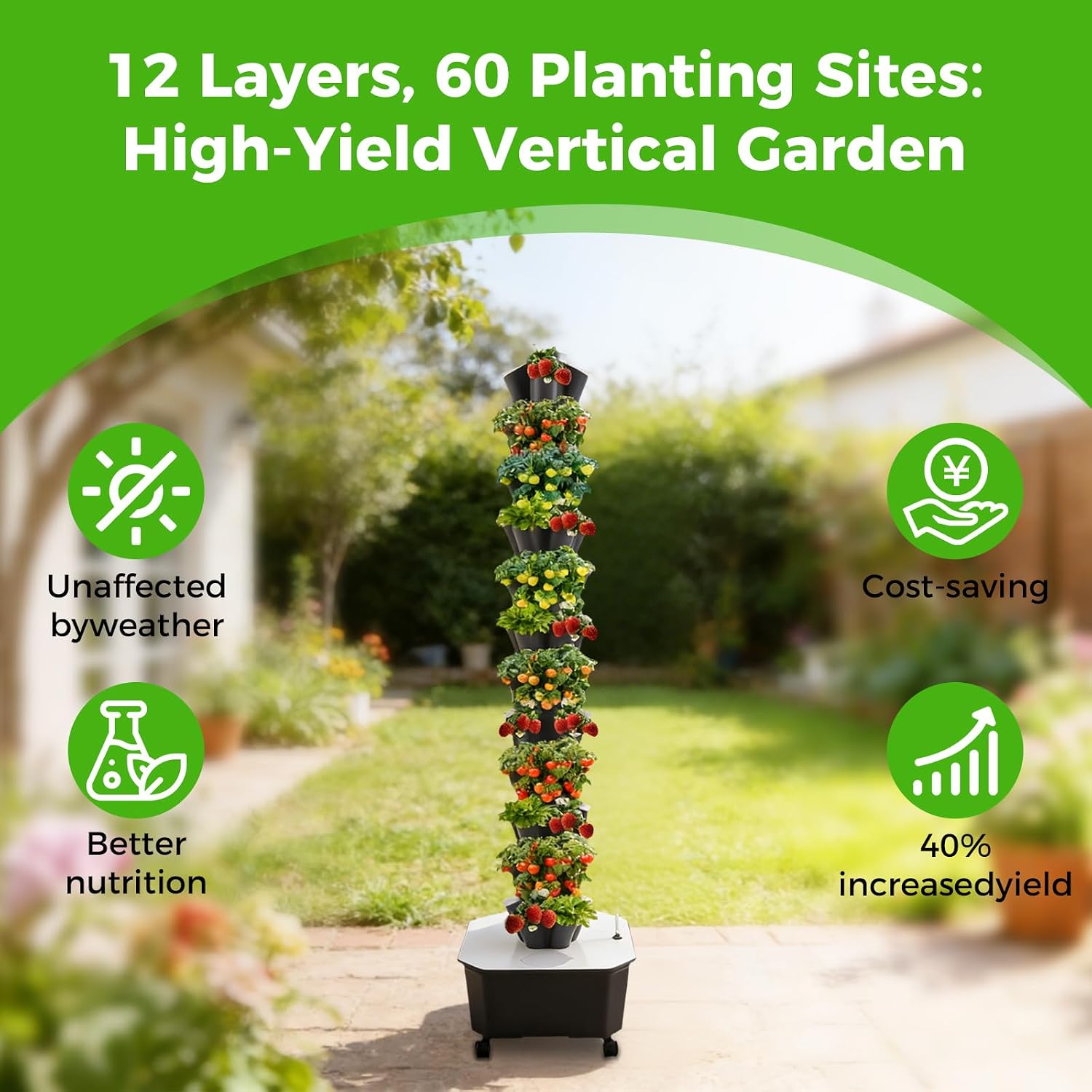 Hydroponic Grow Tower 12 Tiers 60 Holes, 6.6Gal Indoor Vertical Garden System with Water Pump, Automatic Water