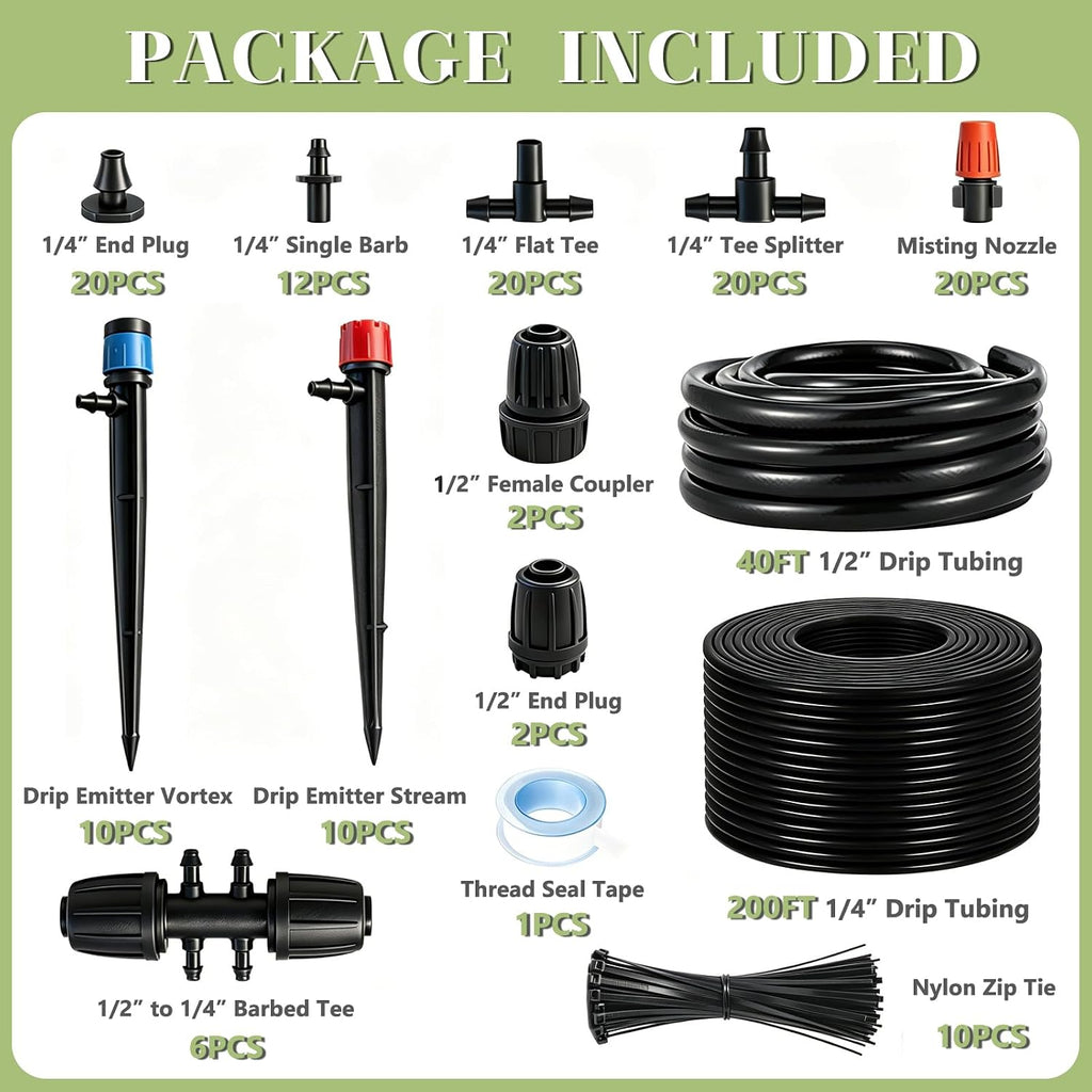 Dianrui 240FT Drip Irrigation System, Automatic Drip Irrigation Kit for Greenhouse/Yard/Lawn/Plant/with 1/2 inch Hose