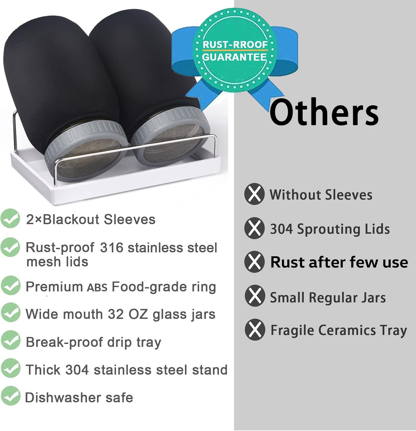 Complete Sprouting Jar Kit| 2 Wide Mouth Mason Jars, 316 Screen Sprout Lids, Blackout Sleeves, Tray, Stand| Sprouter